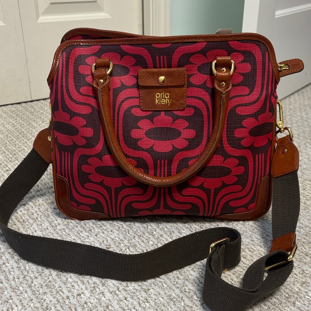 Orla Kiely Retro Daisy Leather and Canvas Tilly Bag with Handles and Strap RARE
